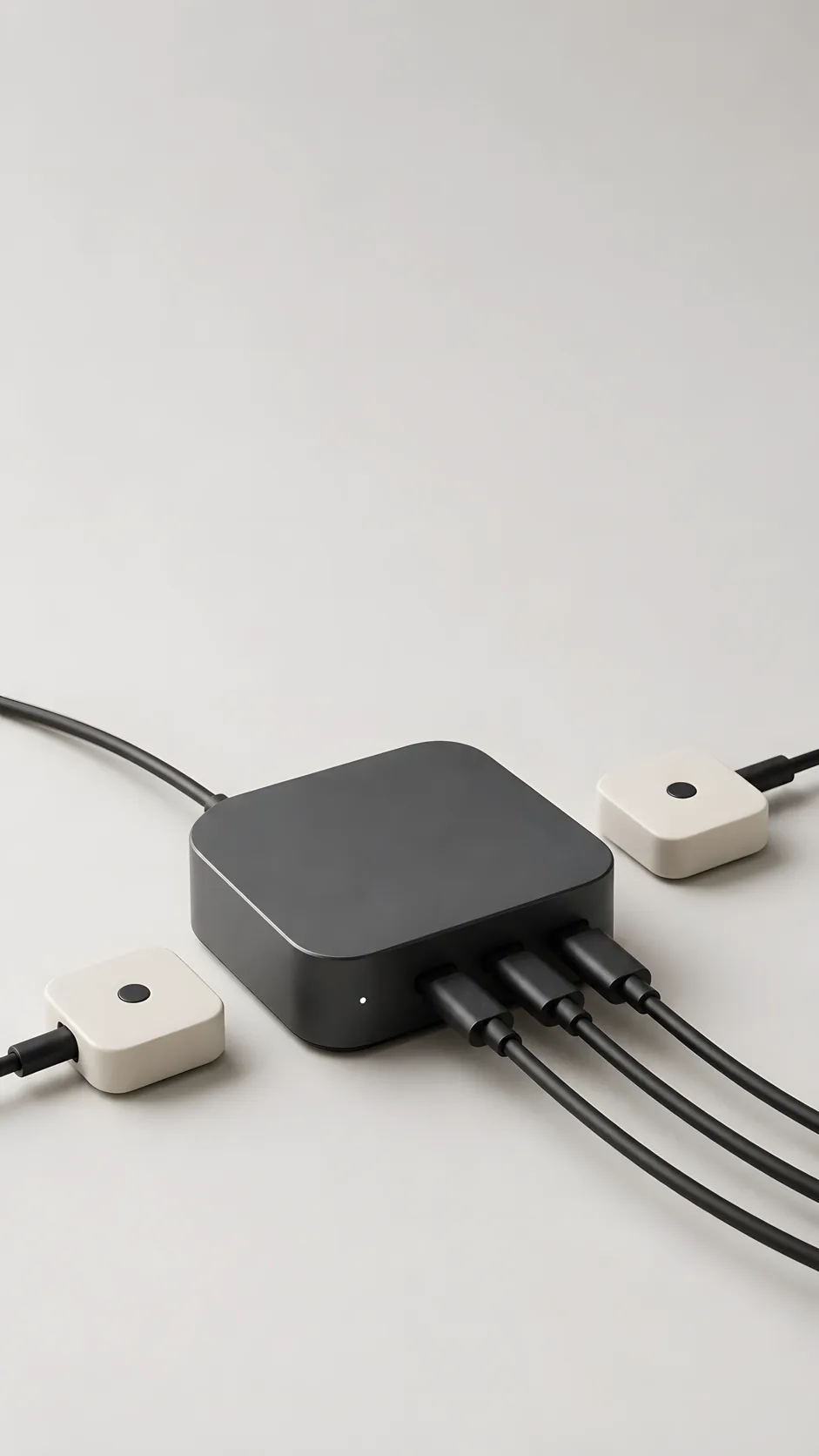 Compact desk hub with connected cables on a light studio background