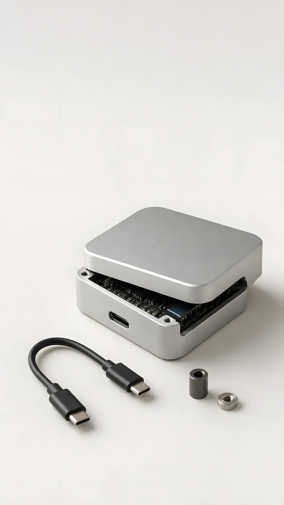 Compact aluminum electronics prototype on a light studio background