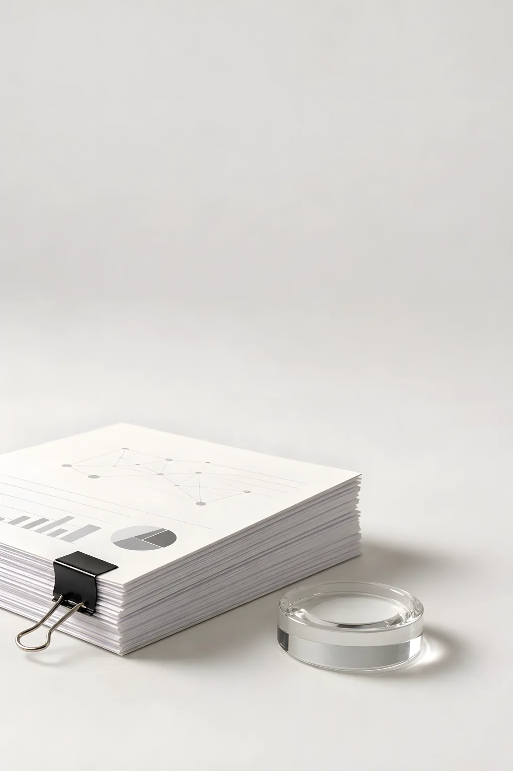 Document stack with a binder clip and glass loupe on a light studio background