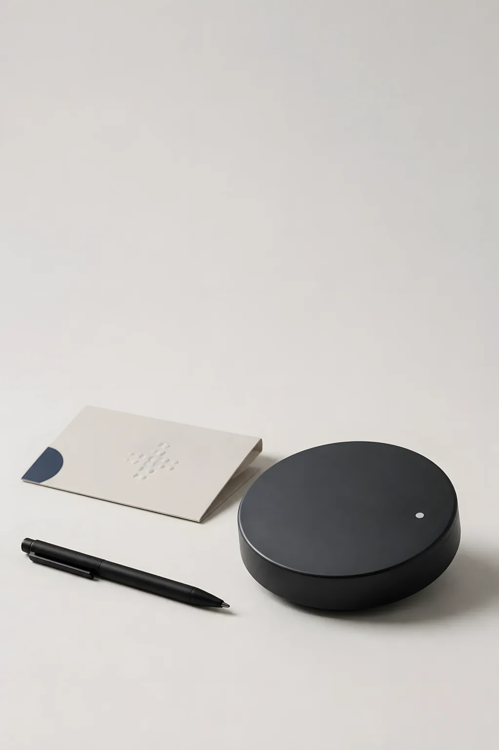 Charcoal status puck, maintenance card, and black pen on a light studio background